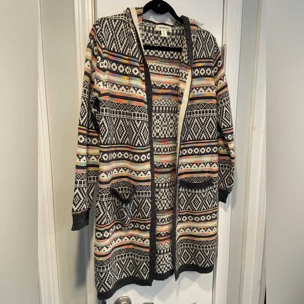 Monteau Size M Neon Stripe Black Cream Aztec Knit Open Front Hooded Cardigan